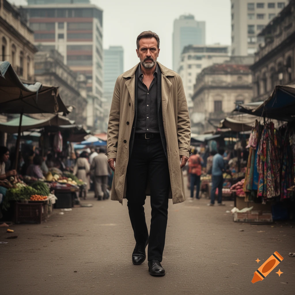 A serious man in a trench coat walks through a bustling, dusty street market with blurred figures and buildings. Photorealistic.