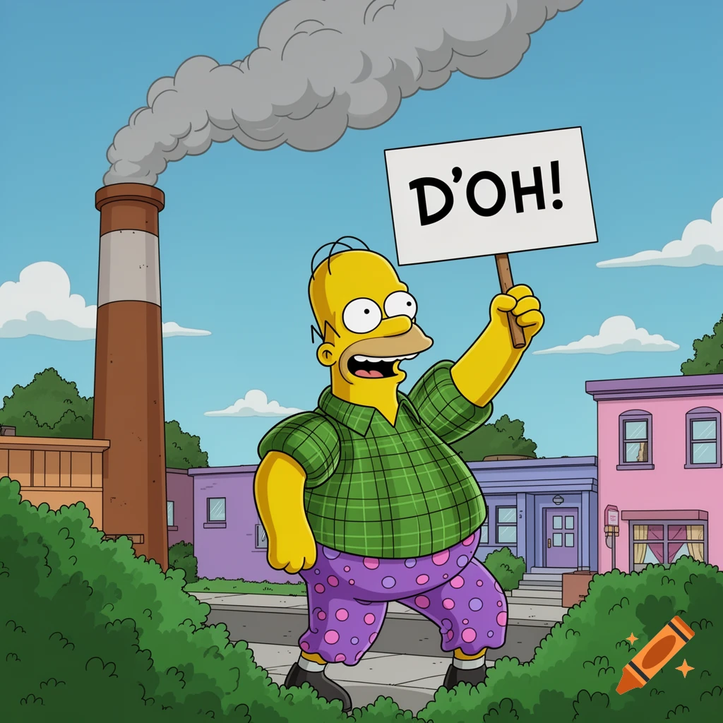 Homer Simpson in a green plaid shirt and polka dot pants, holding a sign that reads "D'OH!" in front of a smoking factory chimney, in cartoon style.
