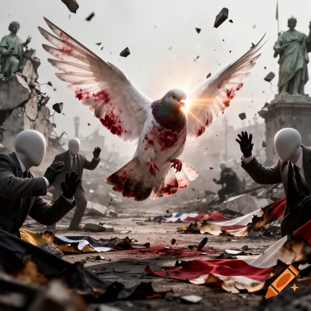 A blood-spattered white dove with glowing eyes flies over a ruined cityscape with debris, burning flags, and faceless men in suits.