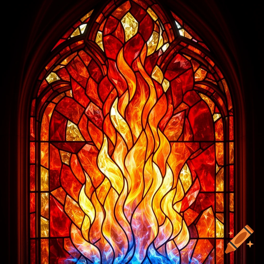A vibrant stained glass window depicting fiery red and orange flames with blue accents at the base, set within a dark arched frame.