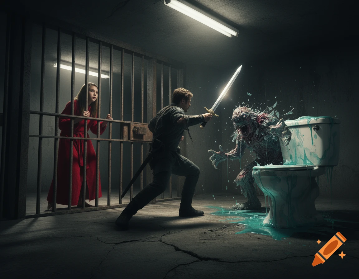 A man with a sword battles a grotesque toilet monster spewing green liquid, while a girl in a red robe watches from a prison cell.