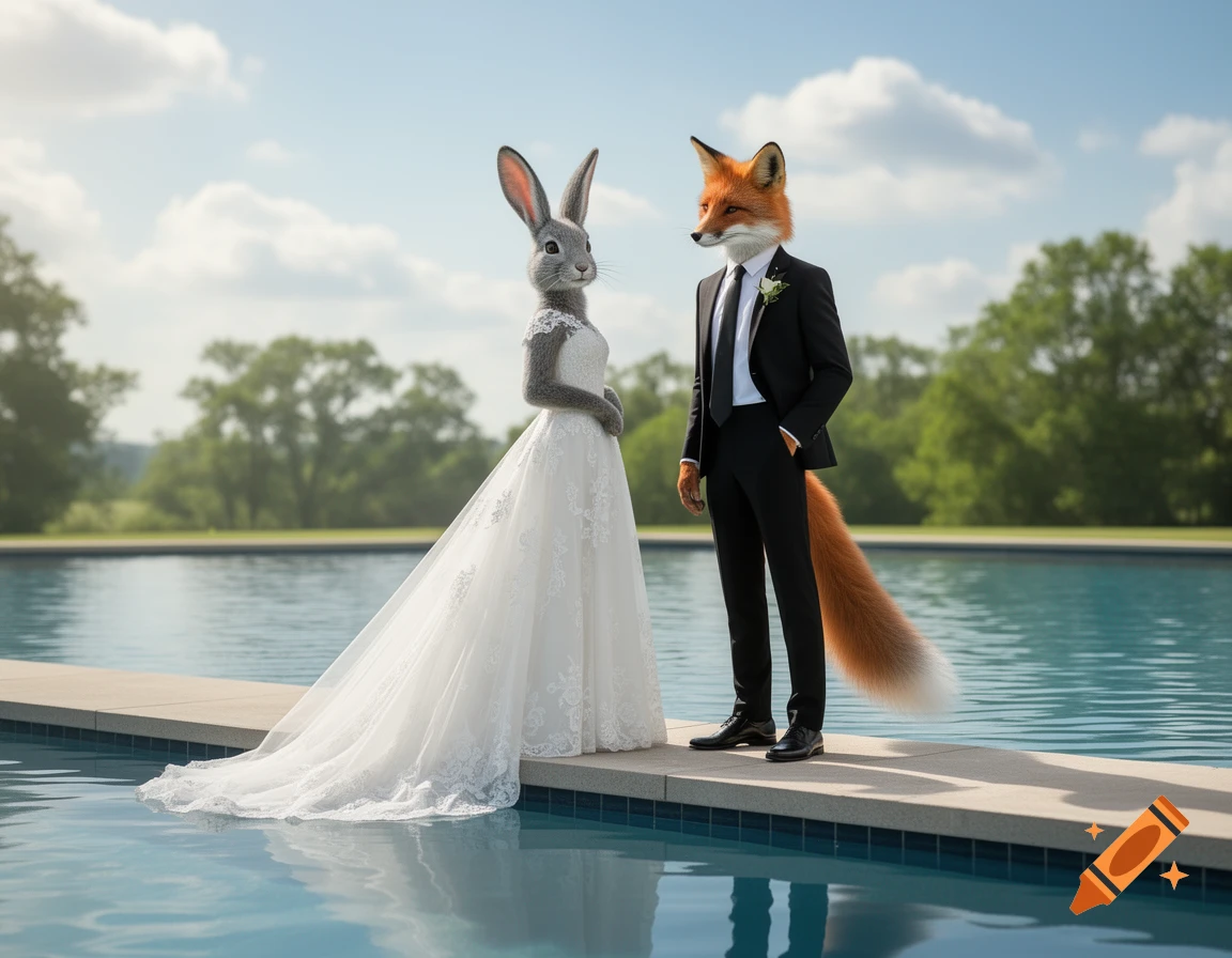 A photorealistic image of an anthropomorphic grey bunny in a white wedding dress and a fox in a black suit standing by a pool.