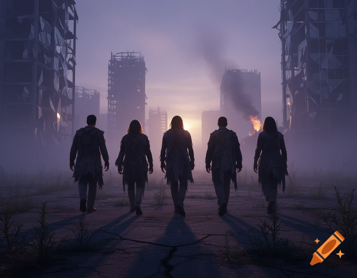 Five figures walk away through a misty, ruined city with damaged buildings and fires, under a twilight sky.