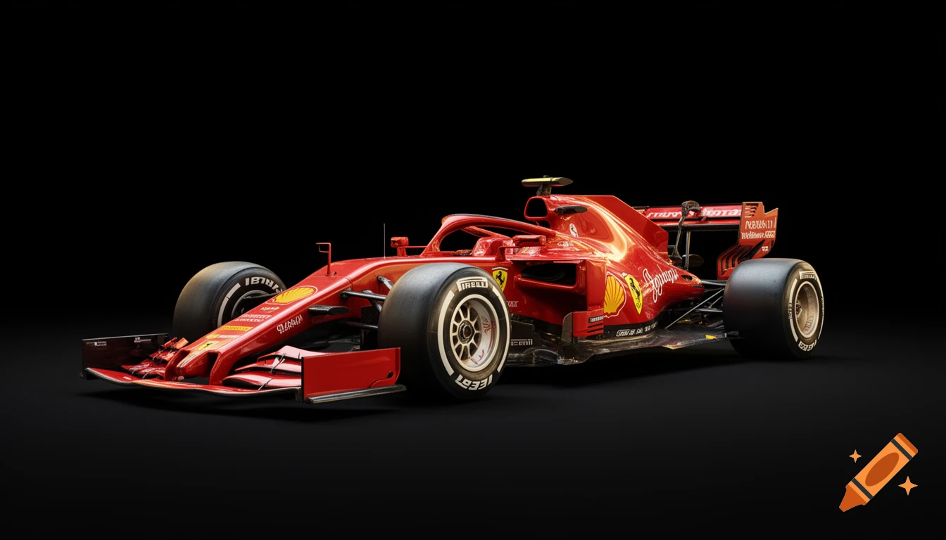 A red Ferrari Formula 1 race car is angled against a black background.
