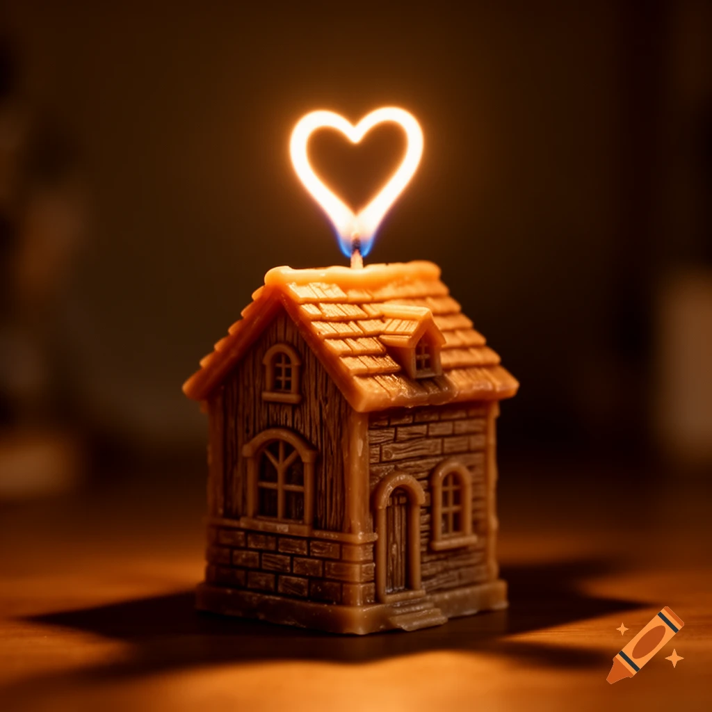A close-up of a lit house-shaped candle with a glowing heart-shaped flame, casting a warm light on a wooden surface.