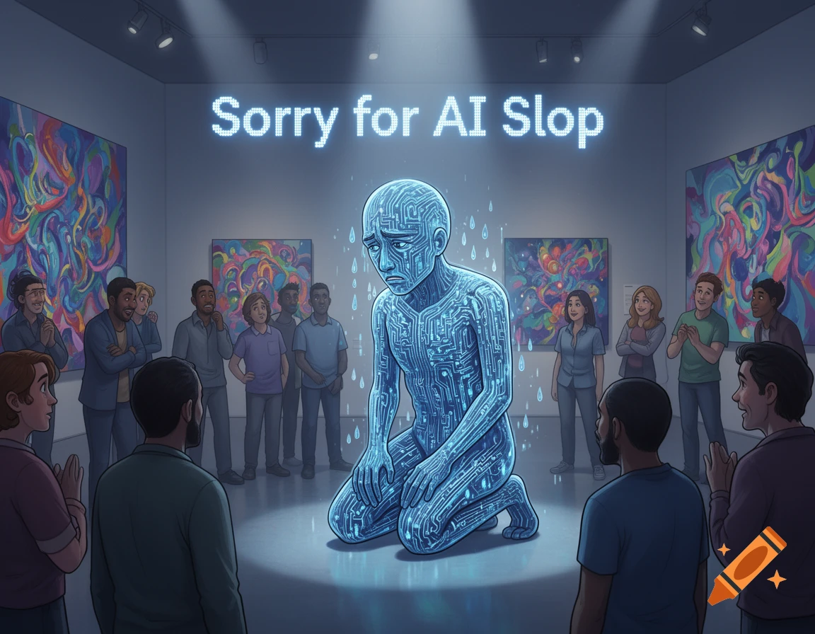 A circuit-patterned figure kneels in an art gallery, crying under a sign that reads 'Sorry for AI Slop', while people observe.