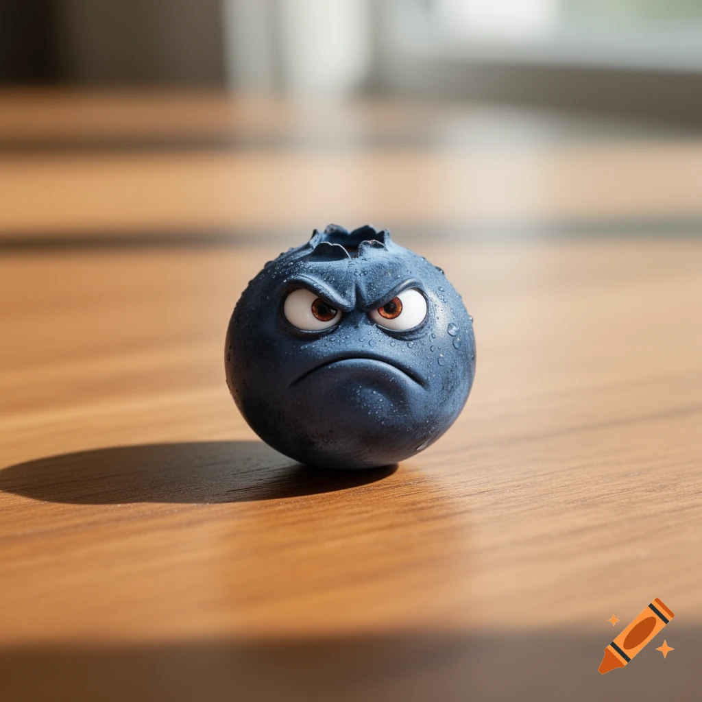 A close-up of a realistic, angry blueberry with water droplets on a wooden surface.