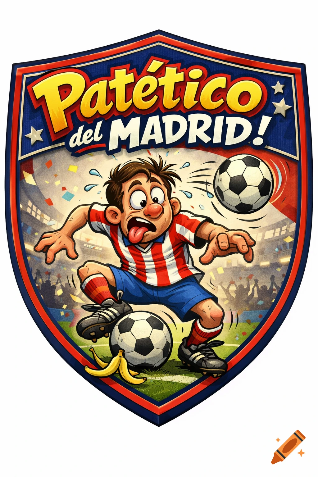 Cartoon soccer player on a shield logo, wearing a red and white striped jersey, making a funny face, with soccer balls and confetti, text 'Patético del MADRID!'.