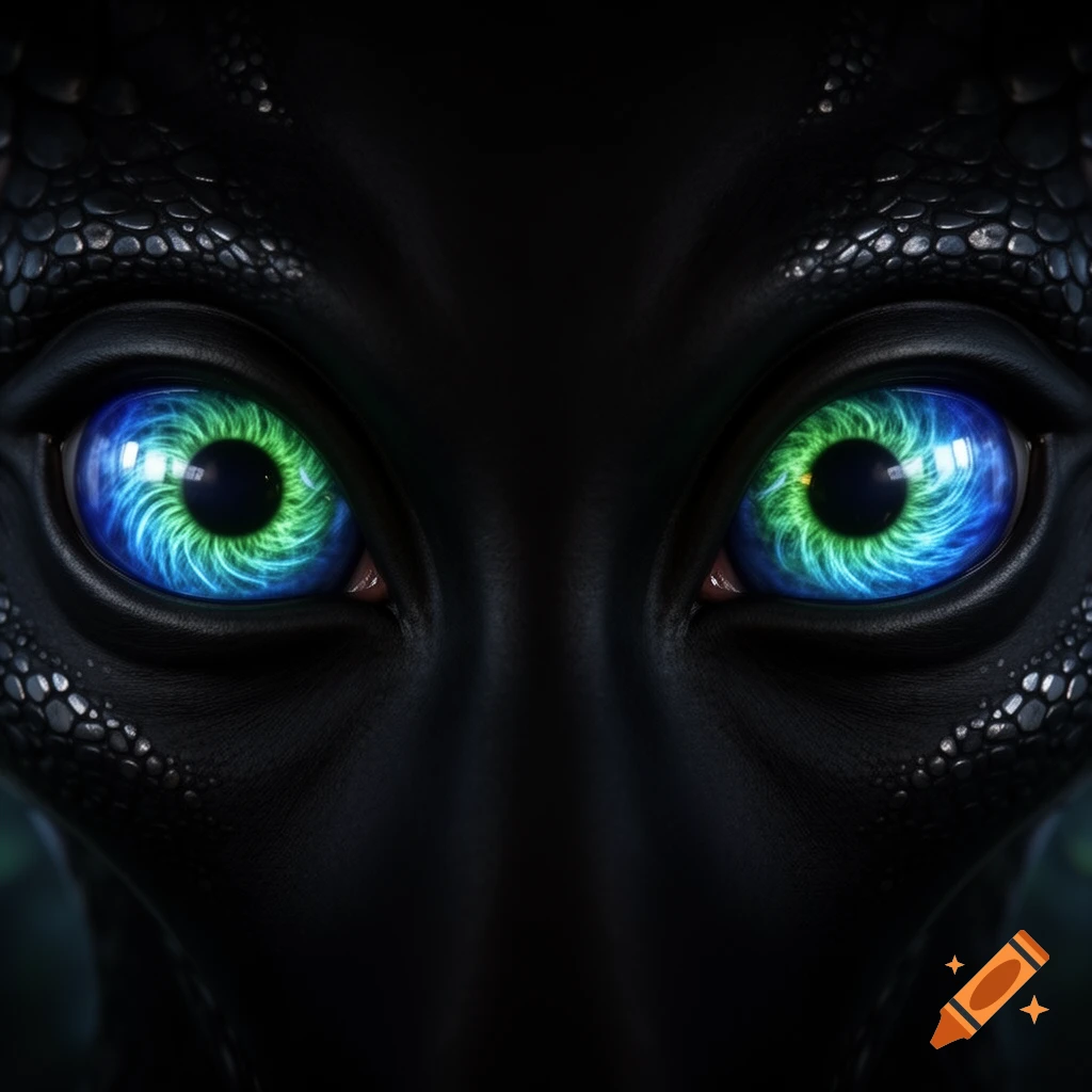 Close-up of vibrant blue and green reptilian eyes with dark, scaly skin.