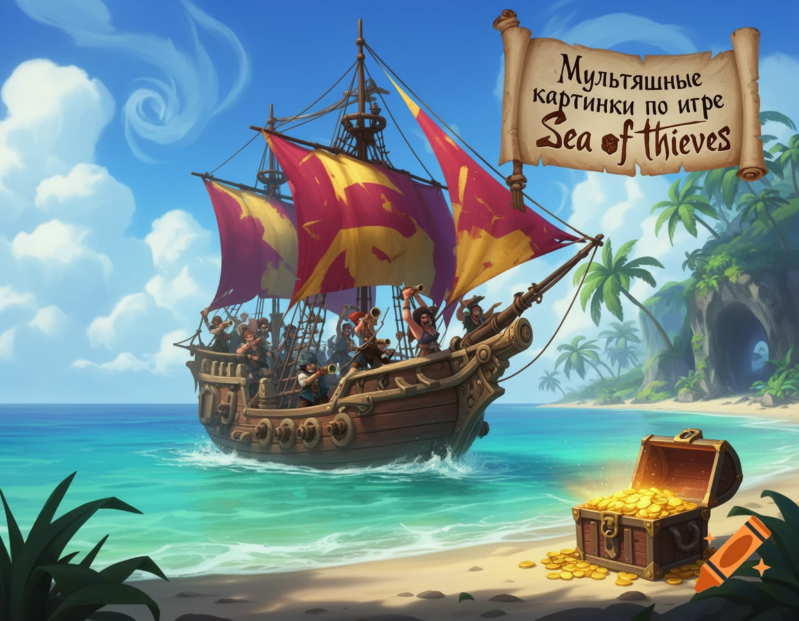 Cartoon pirate ship full of pirates sailing past a tropical island with palm trees and a glowing treasure chest on the beach.