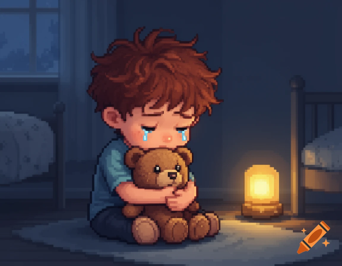 A pixel art illustration of a sad young boy crying while hugging a teddy bear in a dimly lit bedroom.