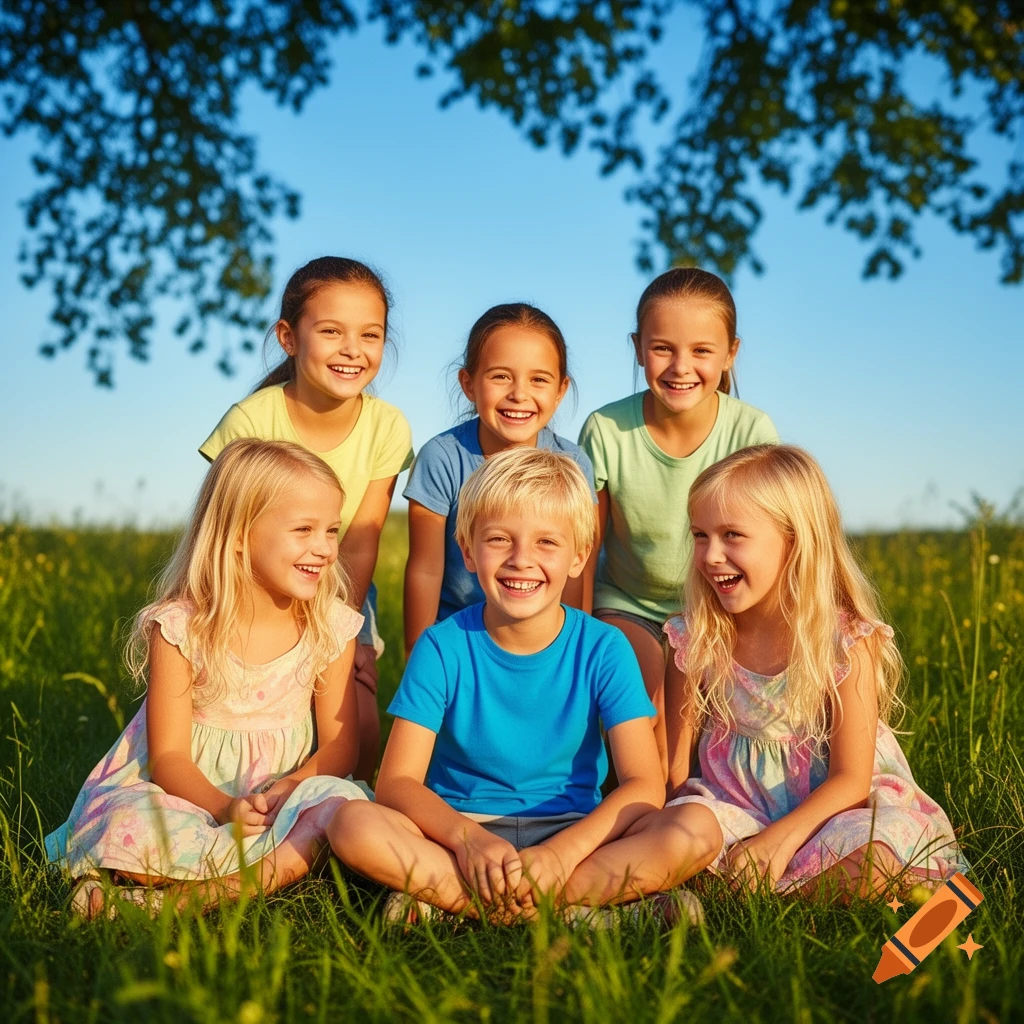 A group of happy children, including blonde boys and girls and brunette girls, laughing and smiling while sitting in a sunny green field under a tree.