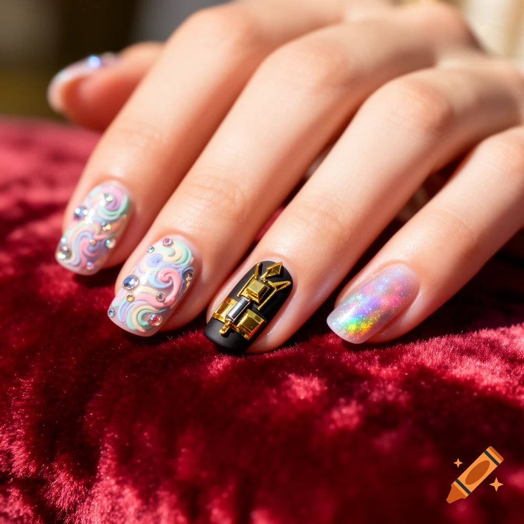 Close-up of a hand displaying intricate, colorful fantasy nail art with pastel swirls, gems, and gold metallic embellishments on red velvet.