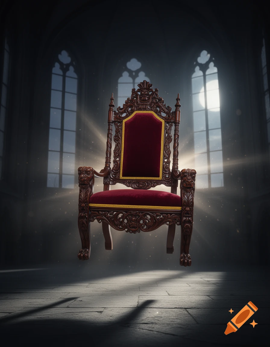 An ornate, dark wooden and red velvet throne with gold trim levitates in a dark, atmospheric room with gothic windows and moonlight.