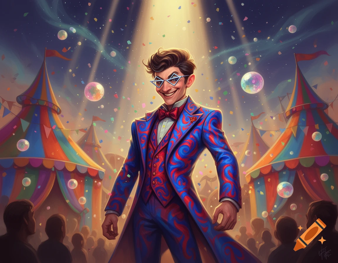 Caine, a grinning man in a colorful patterned suit and sharp glasses, stands under a spotlight at a vibrant circus, with confetti and bubbles floating around.