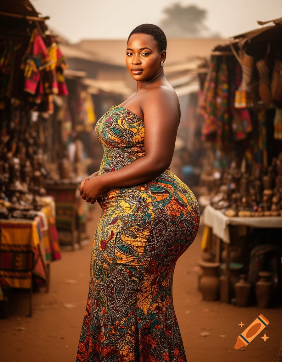 A photorealistic portrait of an African woman with a short haircut, wearing a vibrant patterned strapless dress, standing in a bustling outdoor market.