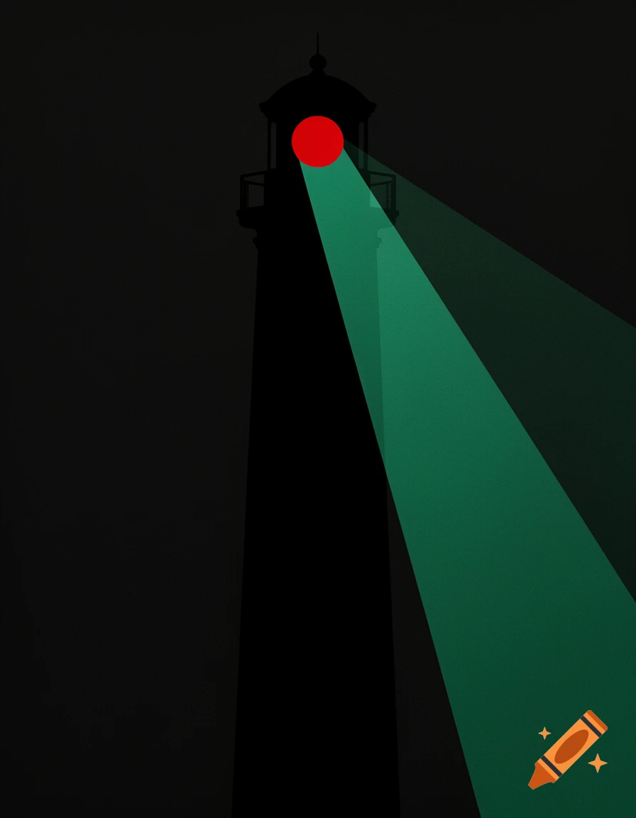 Minimalist abstract illustration of a black lighthouse silhouette with a red circular core emitting a powerful emerald green light beam against a dark background.