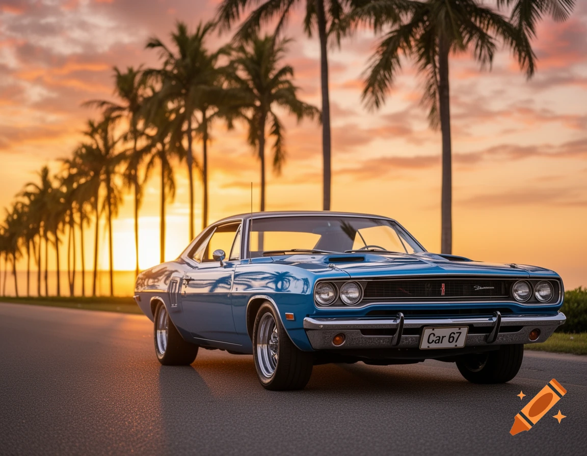 A photorealistic image of a shiny blue classic car on a road lined with palm trees at sunset.