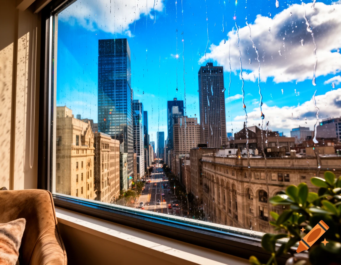 A high-angle view of a bustling city street with tall buildings seen through a rain-streaked window, with an armchair and plant indoors.