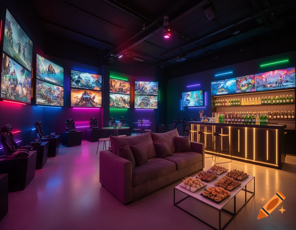 Modern gaming lounge with multiple screens, colorful LED lights, a comfortable sofa, a glowing bar with drinks, and a coffee table with finger food.