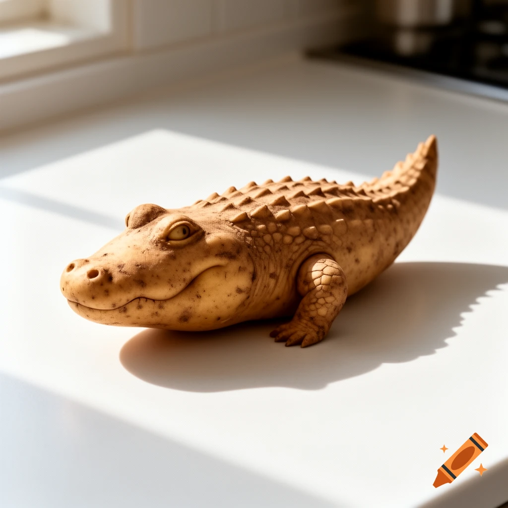 Photorealistic potato sculpted to resemble a crocodile, resting on a white counter with dappled sunlight.