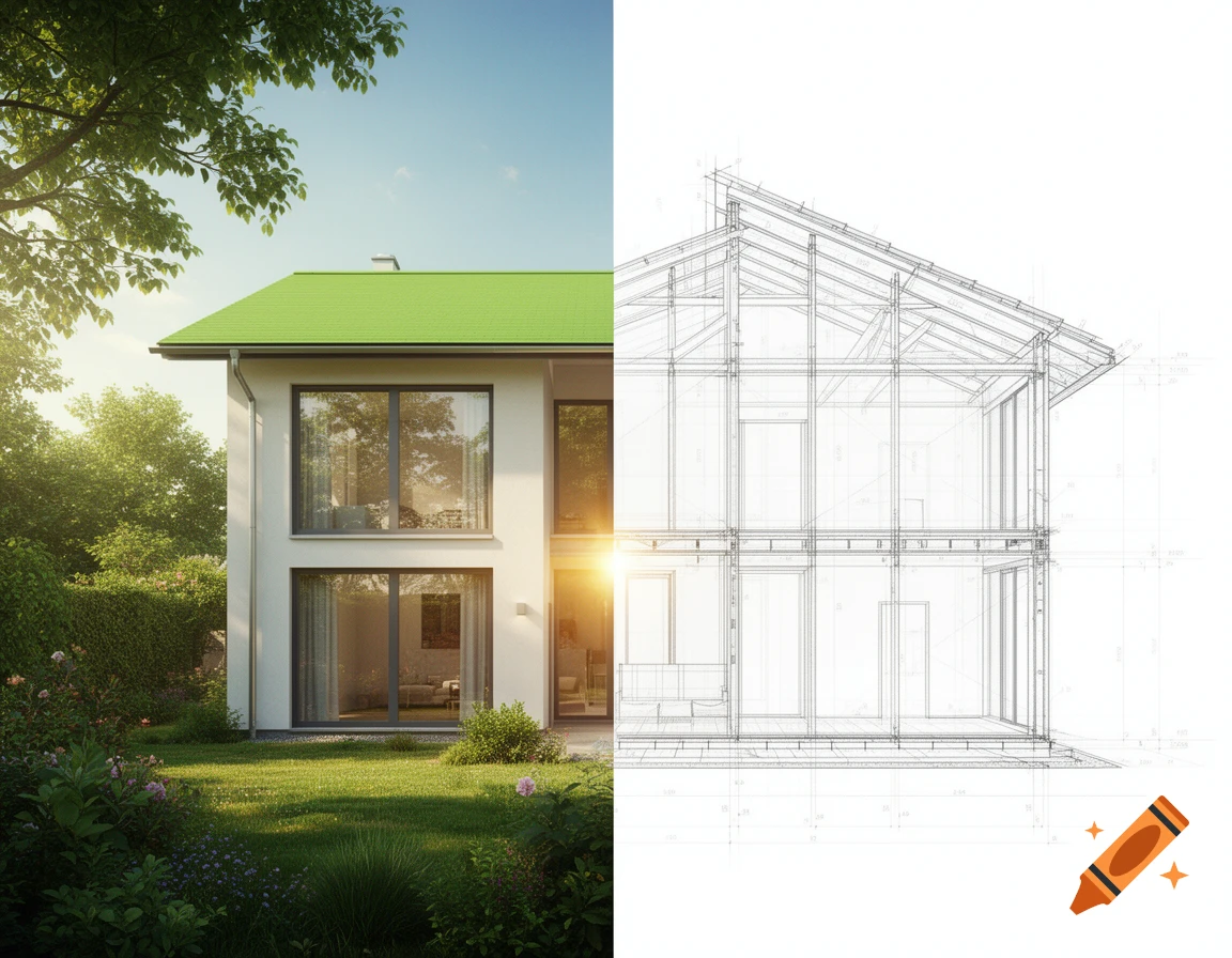 A modern house with a green roof and garden on the left, transitioning into a detailed architectural blueprint drawing on the right.