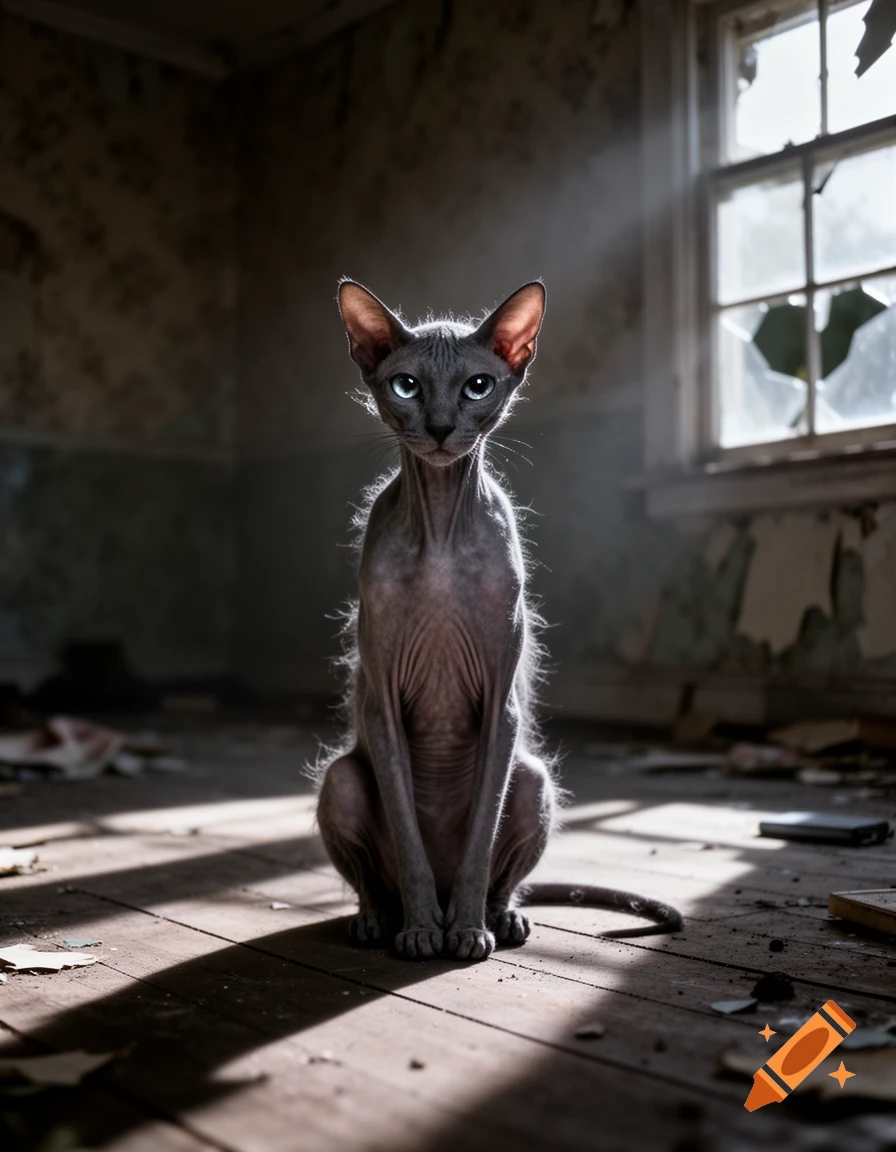 A grey Sphynx cat with striking blue eyes sits in a ray of light on the wooden floor of a dusty, dilapidated room with broken windows.