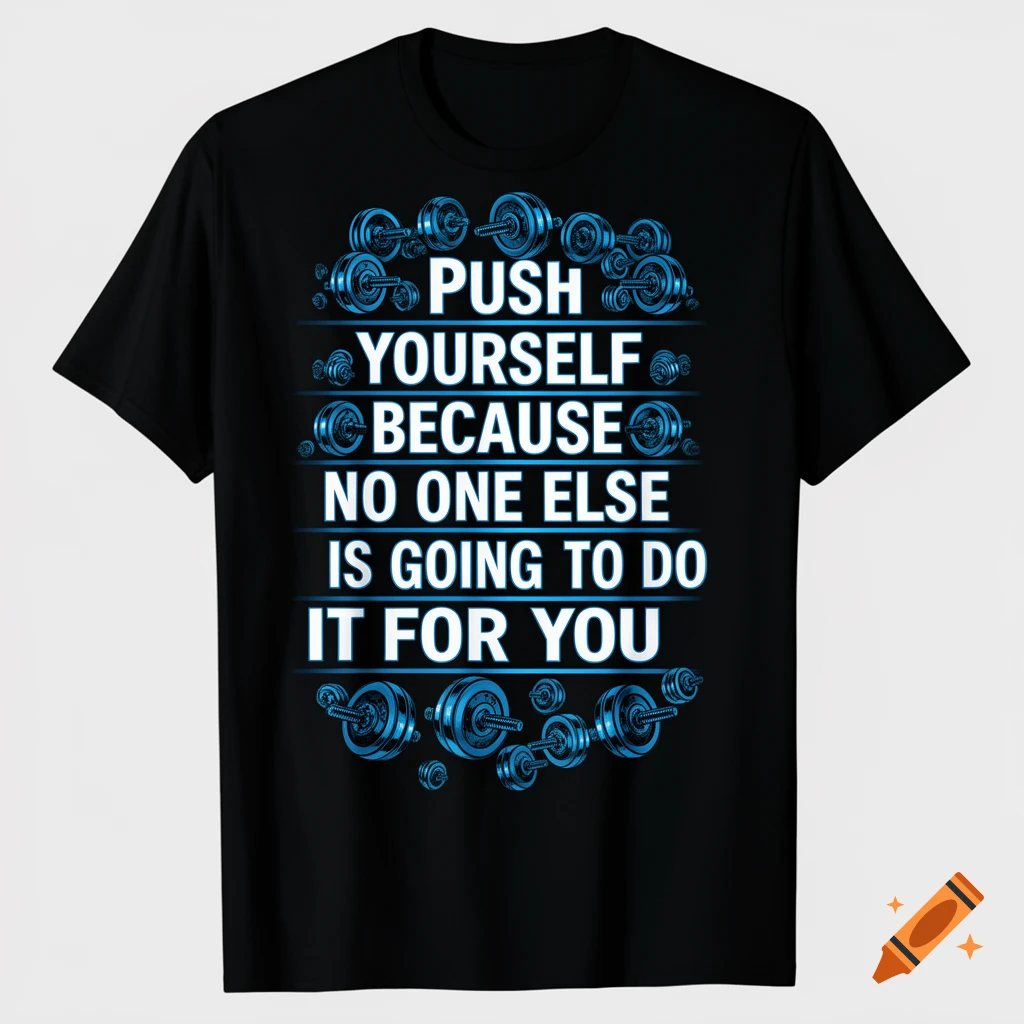 A black t-shirt with a blue and white motivational quote: "PUSH YOURSELF BECAUSE NO ONE ELSE IS GOING TO DO IT FOR YOU", surrounded by barbell and dumbbell designs.