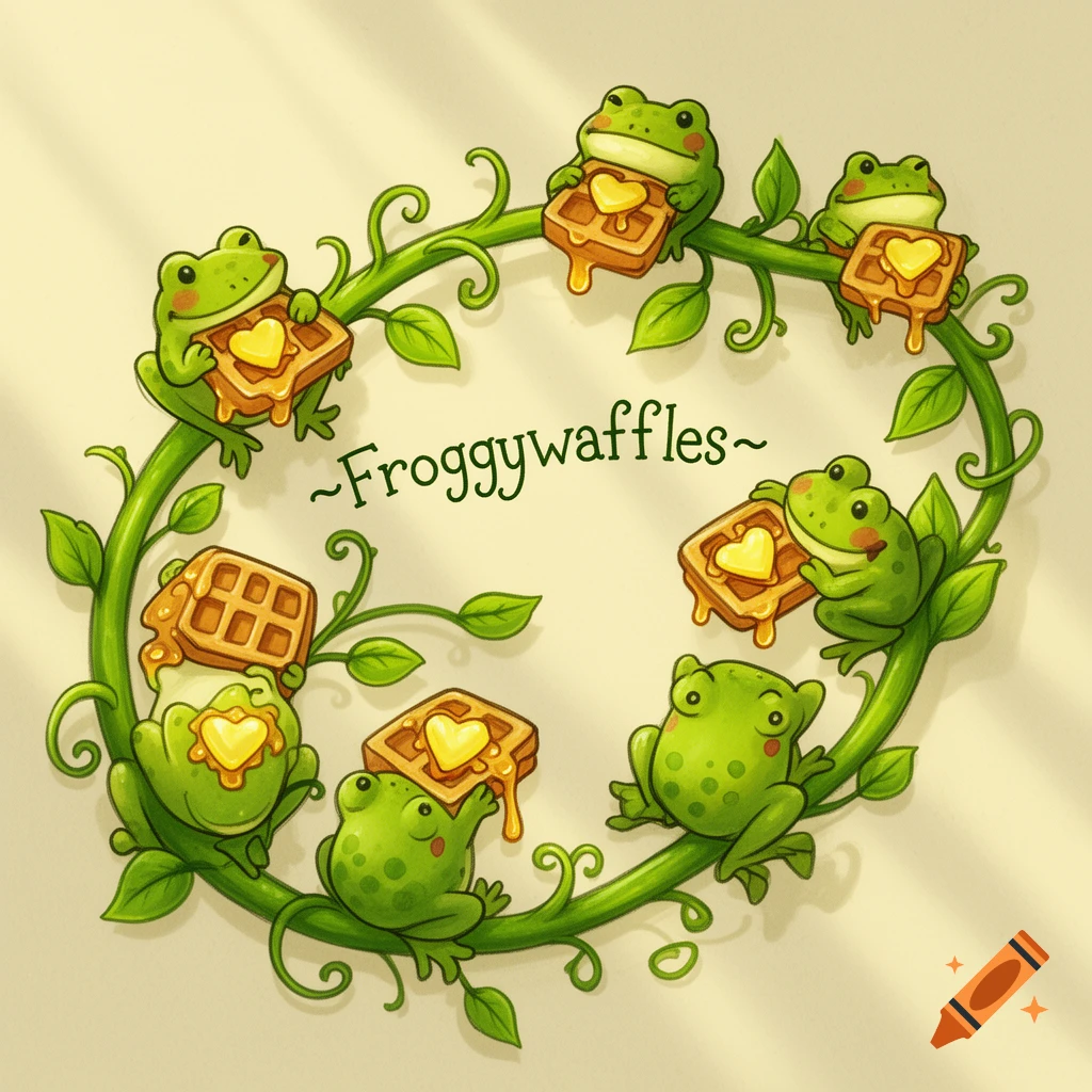 Cute cartoon frogs holding heart-buttered waffles on a green vine wreath with '~Froggywaffles~' in the center.