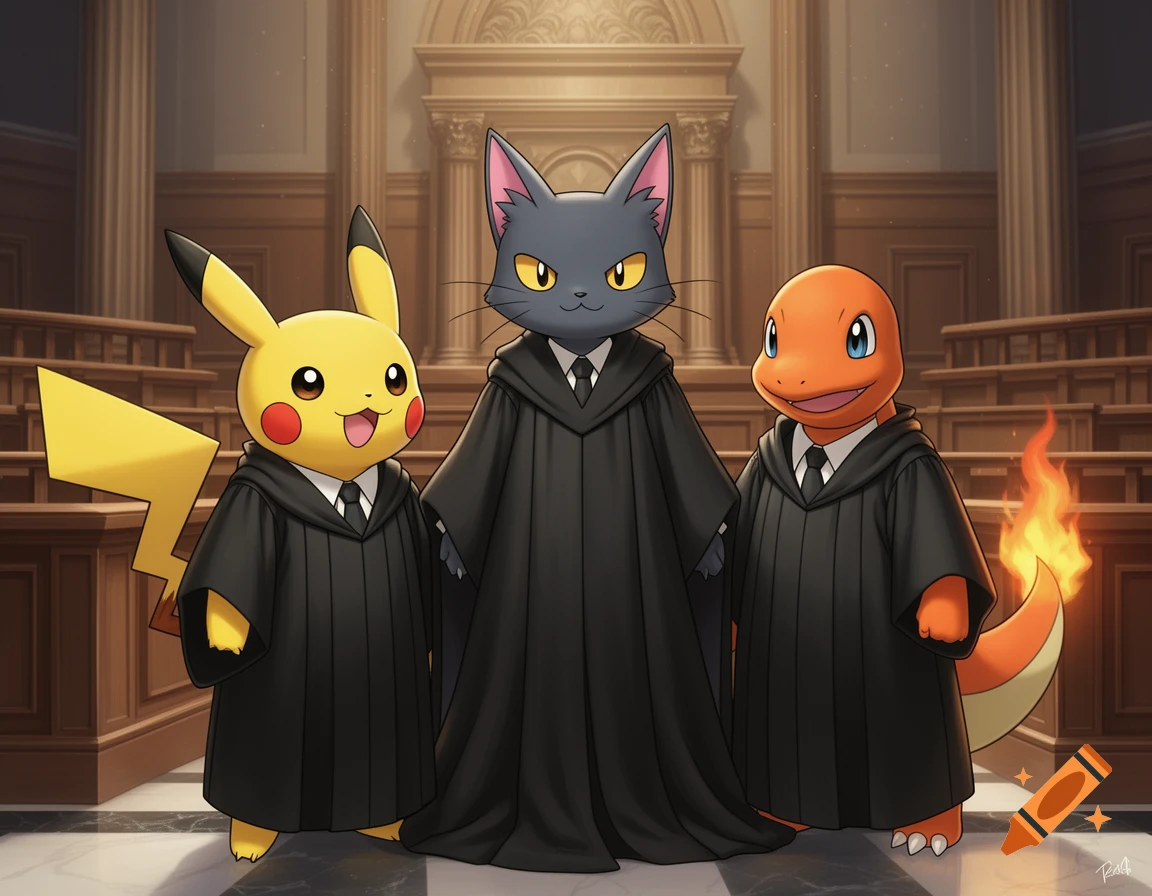 Pikachu, a gray cat, and Charmander wearing black judge robes stand in a detailed courtroom, cartoon style.