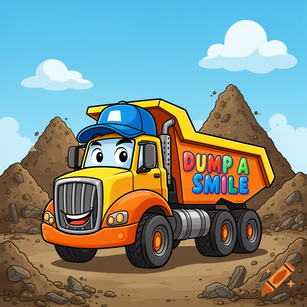 A friendly cartoon dump truck mascot wearing a blue cap, smiling, with "DUMP A SMILE" on its side, among dirt piles.