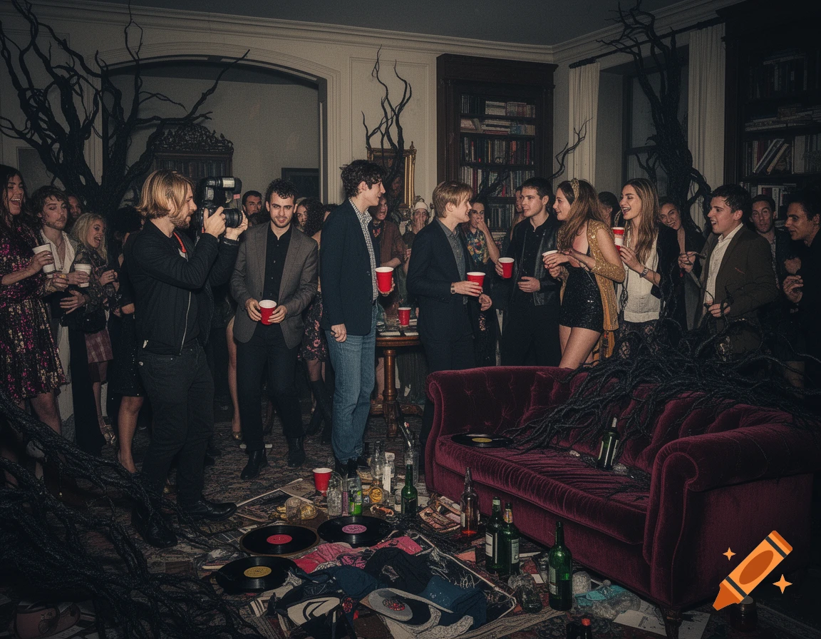 A crowded, dimly lit party in a messy, dark apartment living room, with guests holding red cups and black tendrils snaking across the floor and furniture.