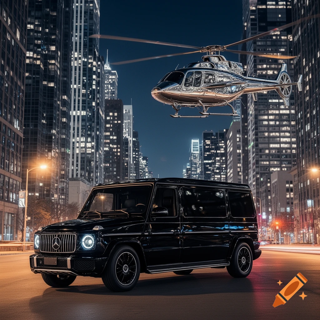 A black Mercedes-Benz G-Class SUV on a city street at night, with a chrome helicopter flying above tall buildings.