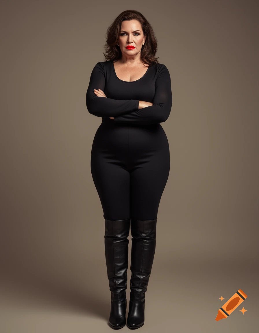 A woman with red lipstick and dark hair stands with crossed arms, wearing a black long-sleeve bodysuit and black thigh-high boots against a plain brown background.