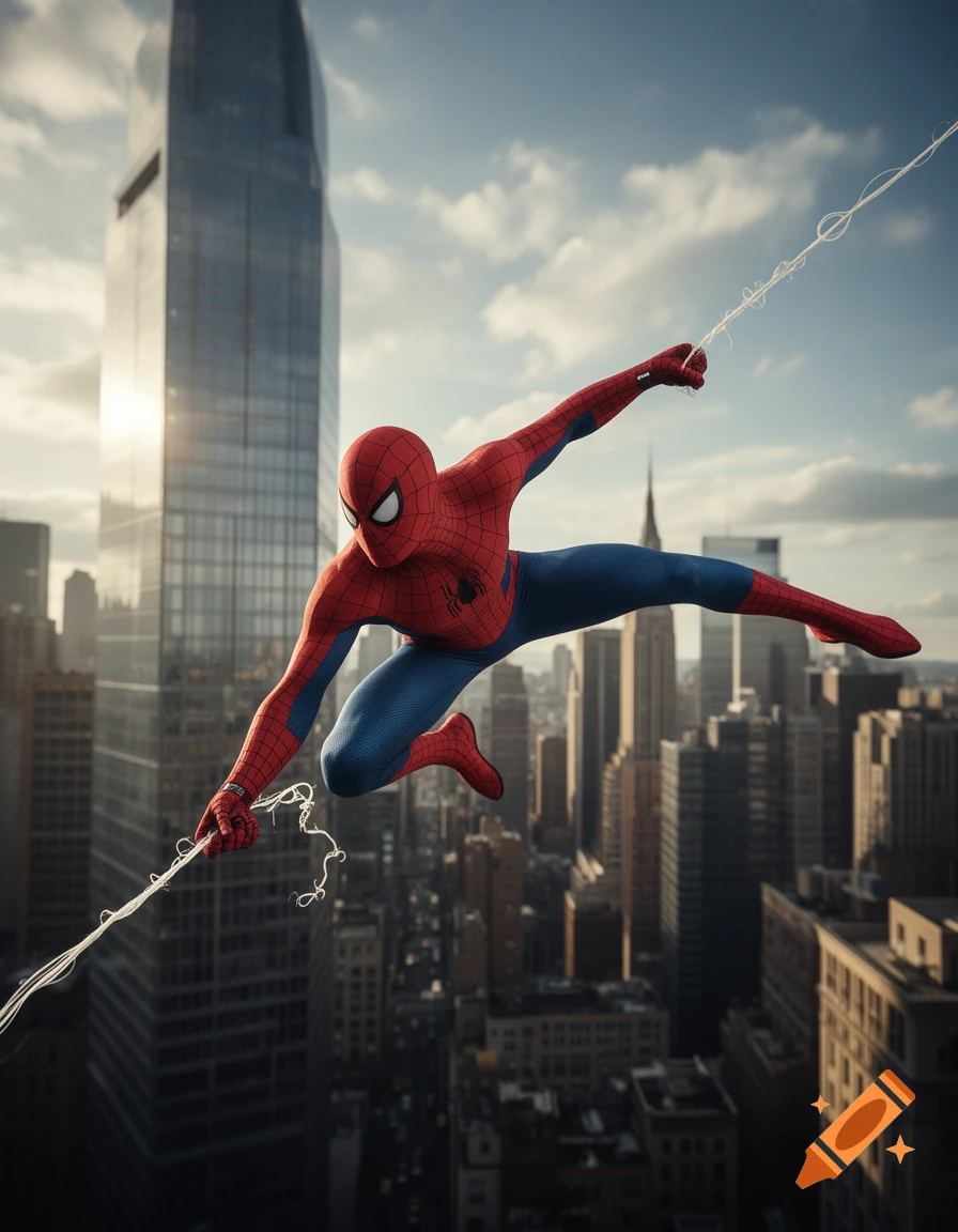 Photorealistic Spider-Man leaps through a city skyline, holding onto webs against a bright sky and tall buildings.