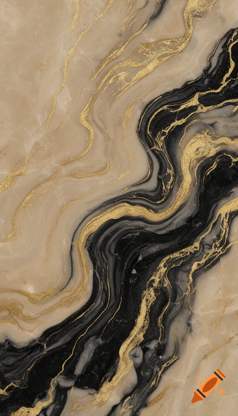 Abstract flowing marble pattern with beige, black, and shimmering gold veins.