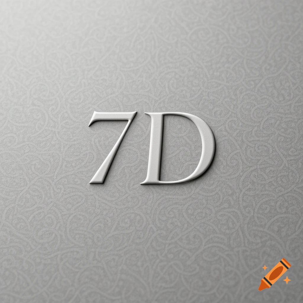 Embossed white '7D' text on a light grey background with a subtle, intricate pattern.