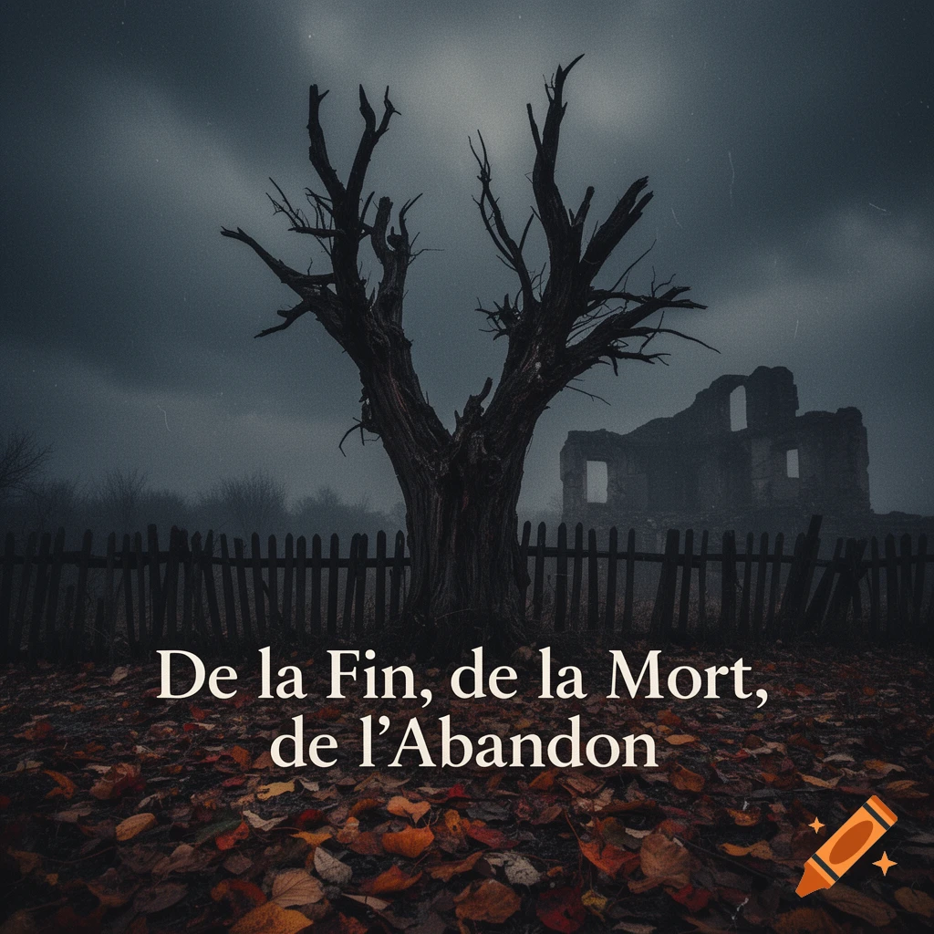 A desolate, dark scene with a gnarled dead tree, ruined building, and fallen leaves under a stormy sky, with French text.