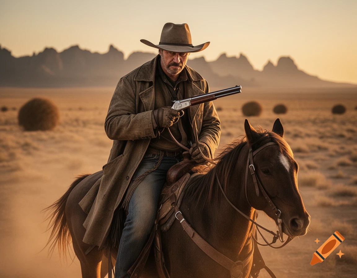 Photorealistic image of a cowboy on horseback with a lever gun, riding through a dusty desert at sunset.