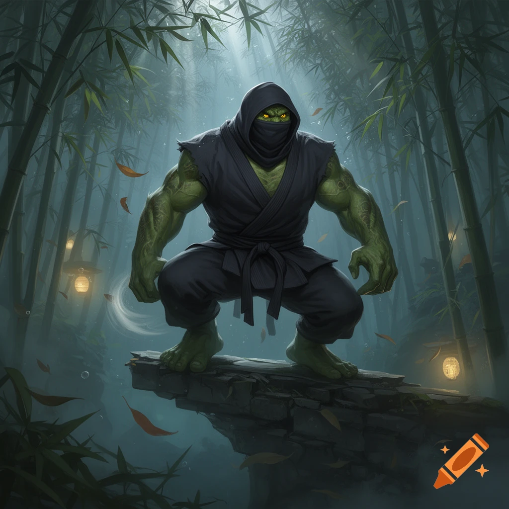 A muscular, green humanoid figure in a dark ninja outfit crouches on a rock in a mystical bamboo forest, with glowing yellow eyes. Concept art style.