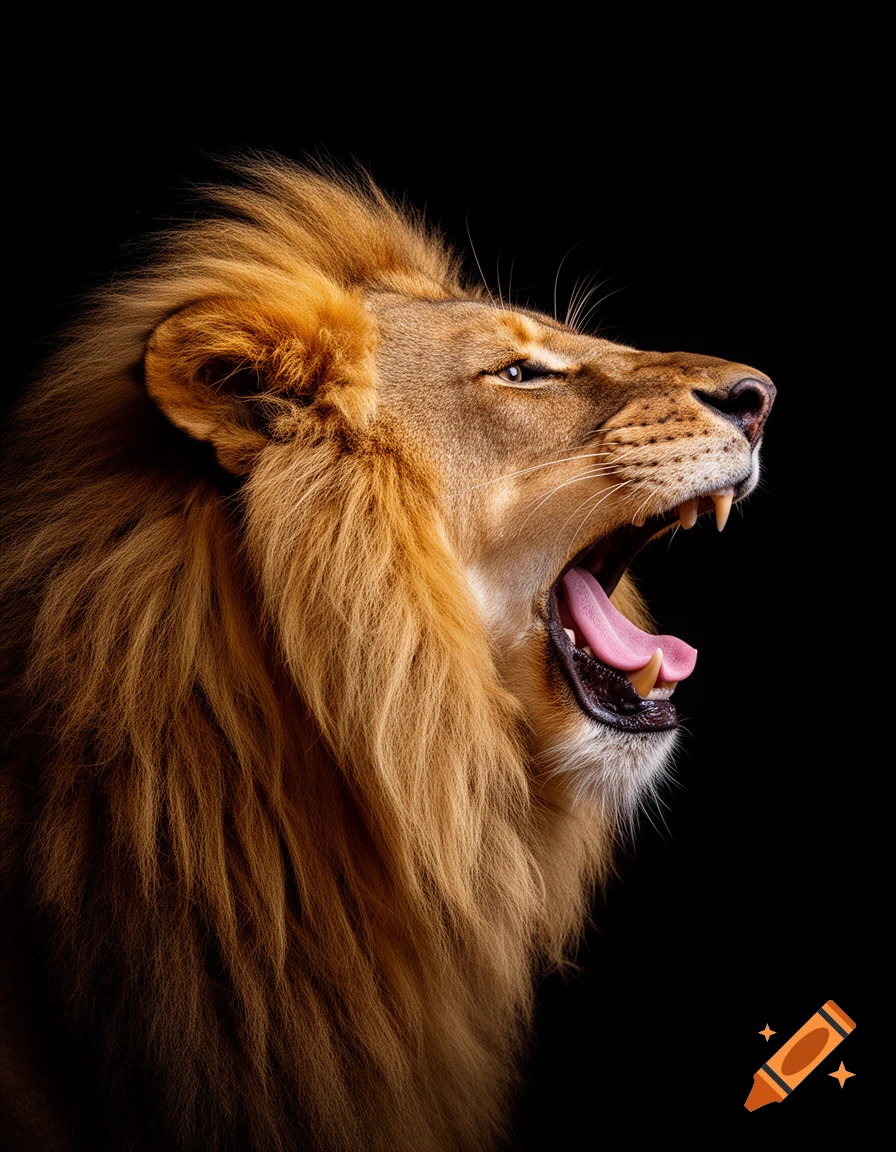 Photorealistic side portrait of a lion roaring with its mouth open on a black background.
