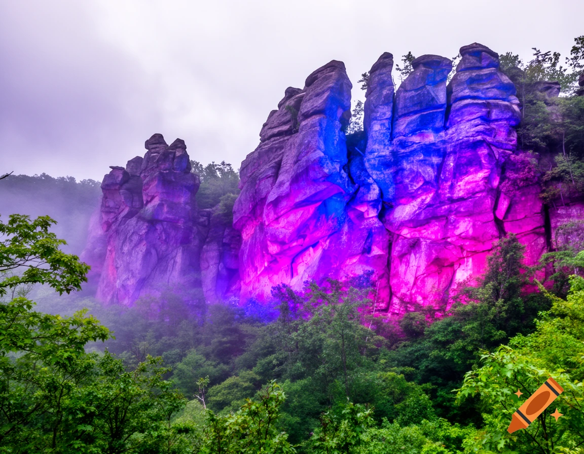 Photorealistic view of large rock formations illuminated with vibrant blue and pink psychedelic lights, surrounded by lush green trees under a cloudy sky.