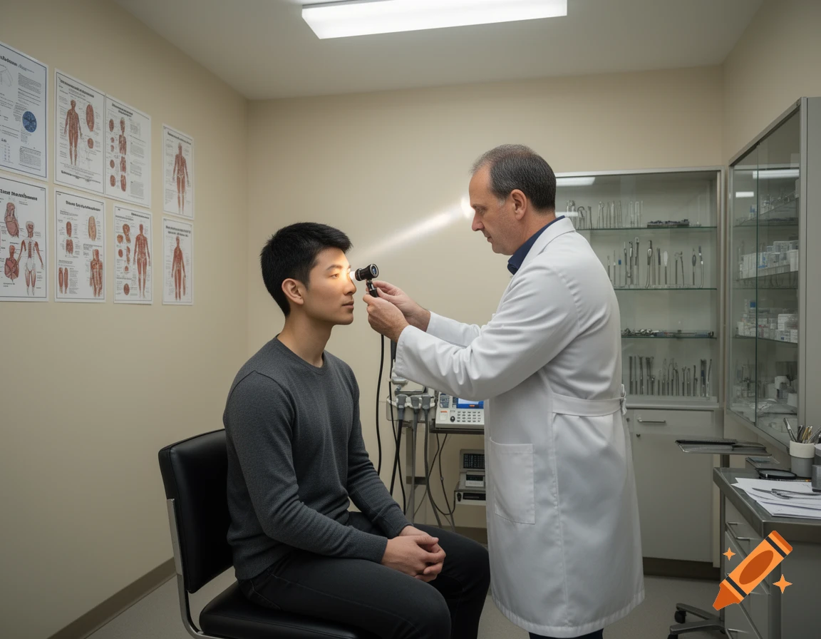 A doctor examines a young man's ear with an otoscope in a photorealistic medical examination room, with an exaggerated light beam.