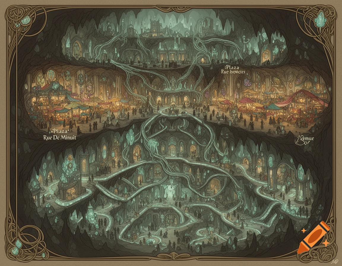 An intricately detailed map illustration of a multi-layered underground fantasy city with glowing buildings and winding paths.