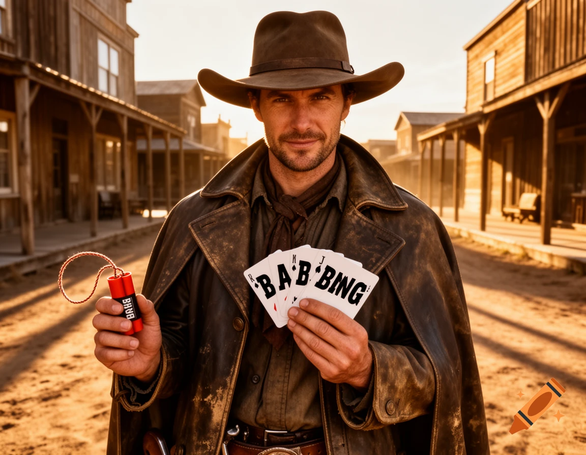 A photorealistic portrait of a cowboy holding dynamite and playing cards in a dusty Western town.