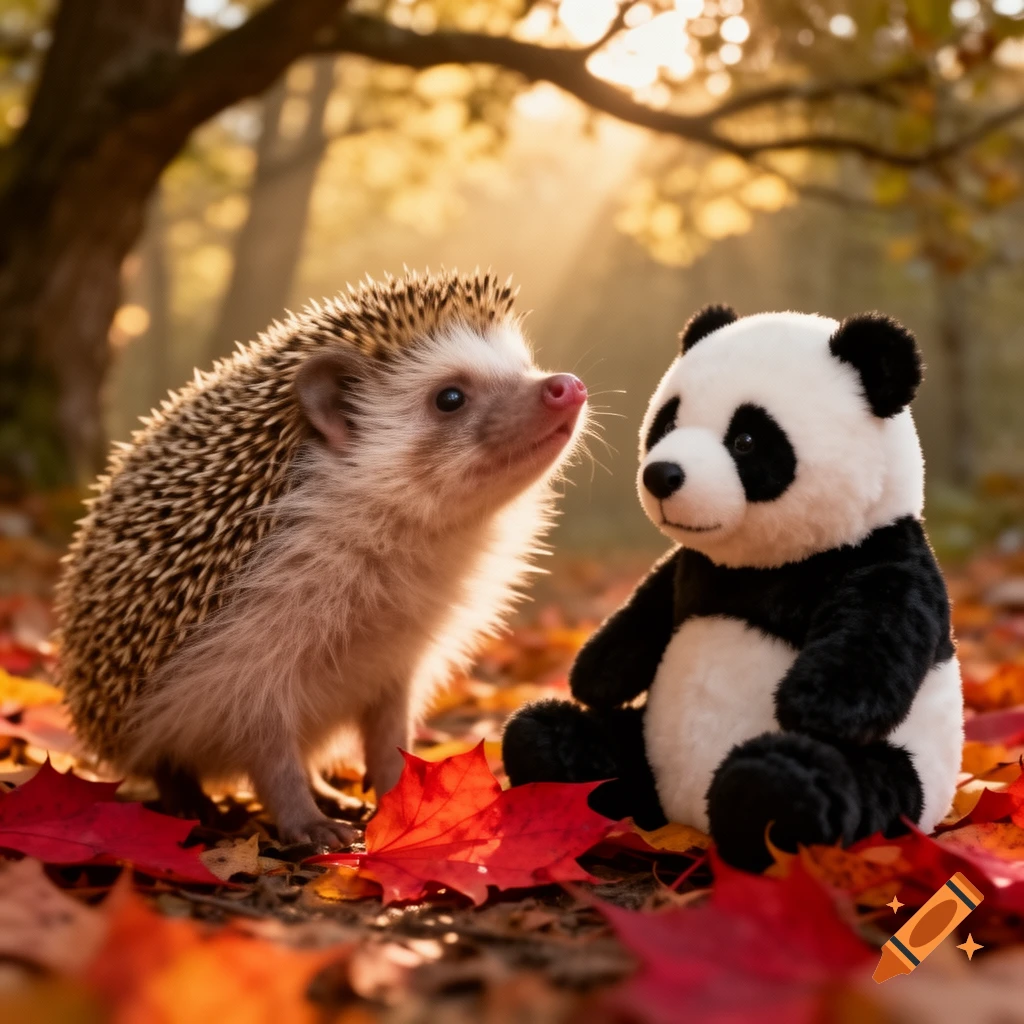 A hedgehog looks at a panda plush toy amidst red autumn leaves in a sunlit forest.