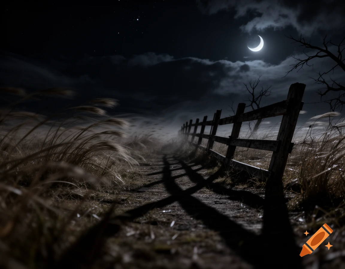 A dark, eerie night landscape with a winding dirt path, wooden fence, wind-blown grass, crescent moon, and bare trees.