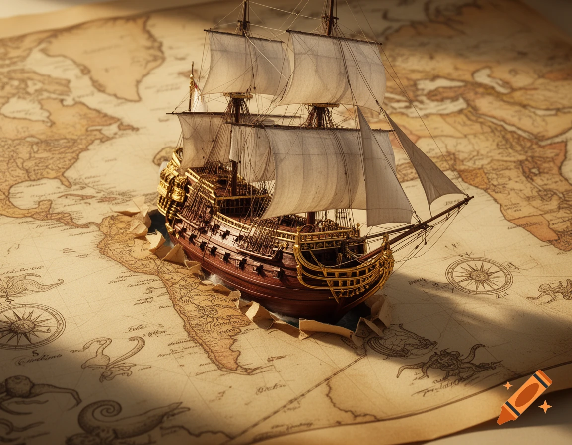 A detailed vintage wooden warship model appears to sail out of an old world map, tearing through the paper.