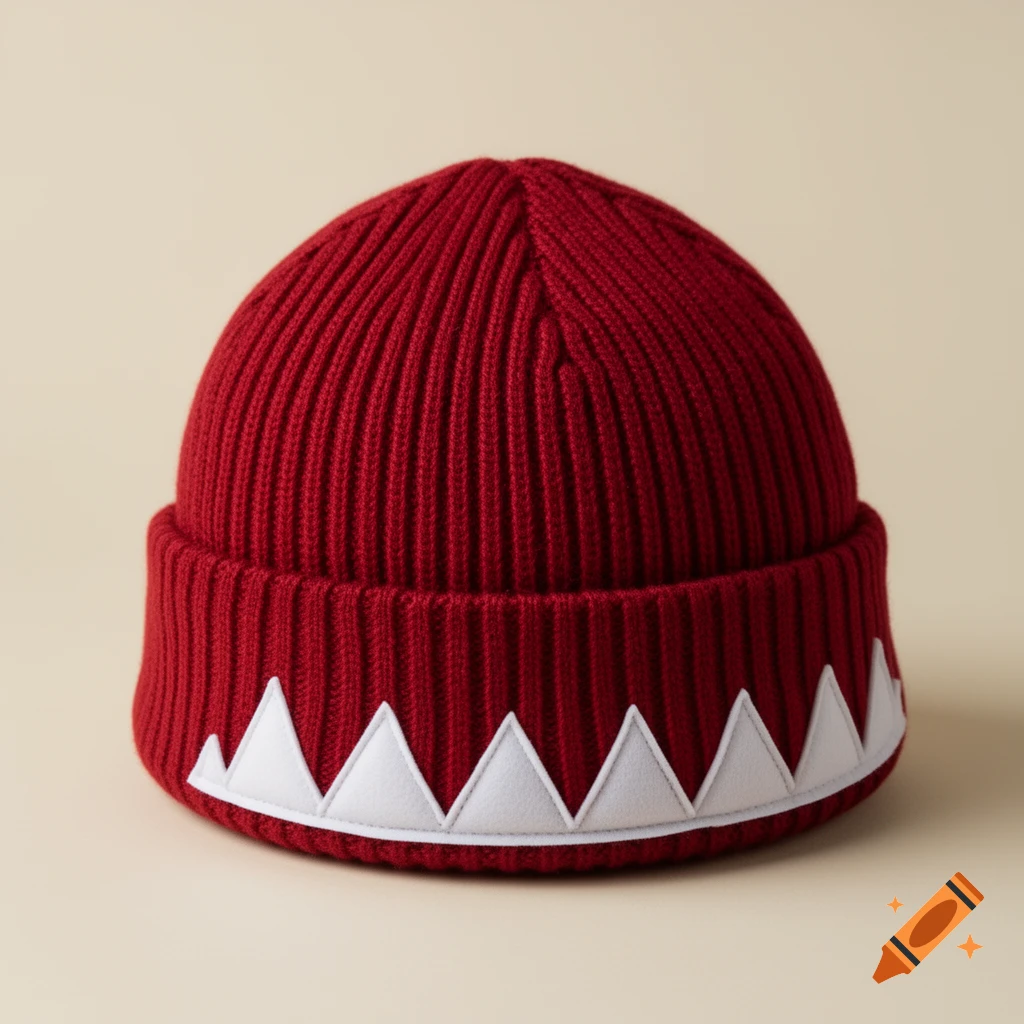 A red knitted beanie featuring a band of white triangular teeth on its folded rim, set against a plain beige background.