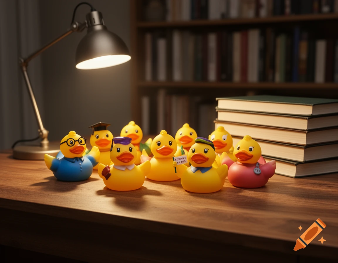 A group of costumed rubber ducks, including a professor and a doctor, sit on a wooden desk next to books and a lamp, with a bookshelf behind them.